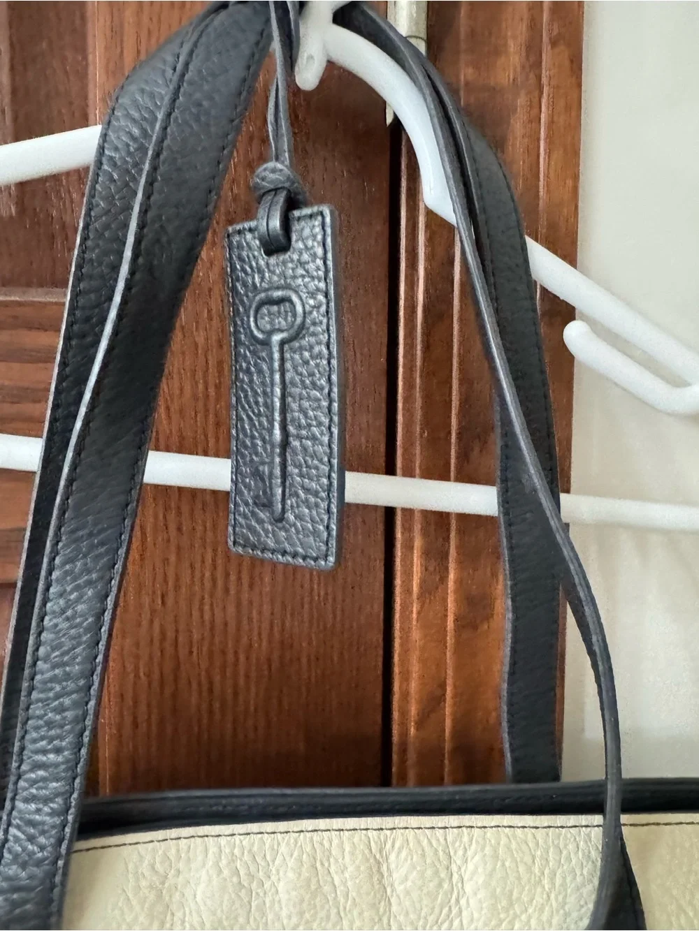 Fossil Tri-Panel Leather Tote in Tan, Cream & Gray with Black Straps
